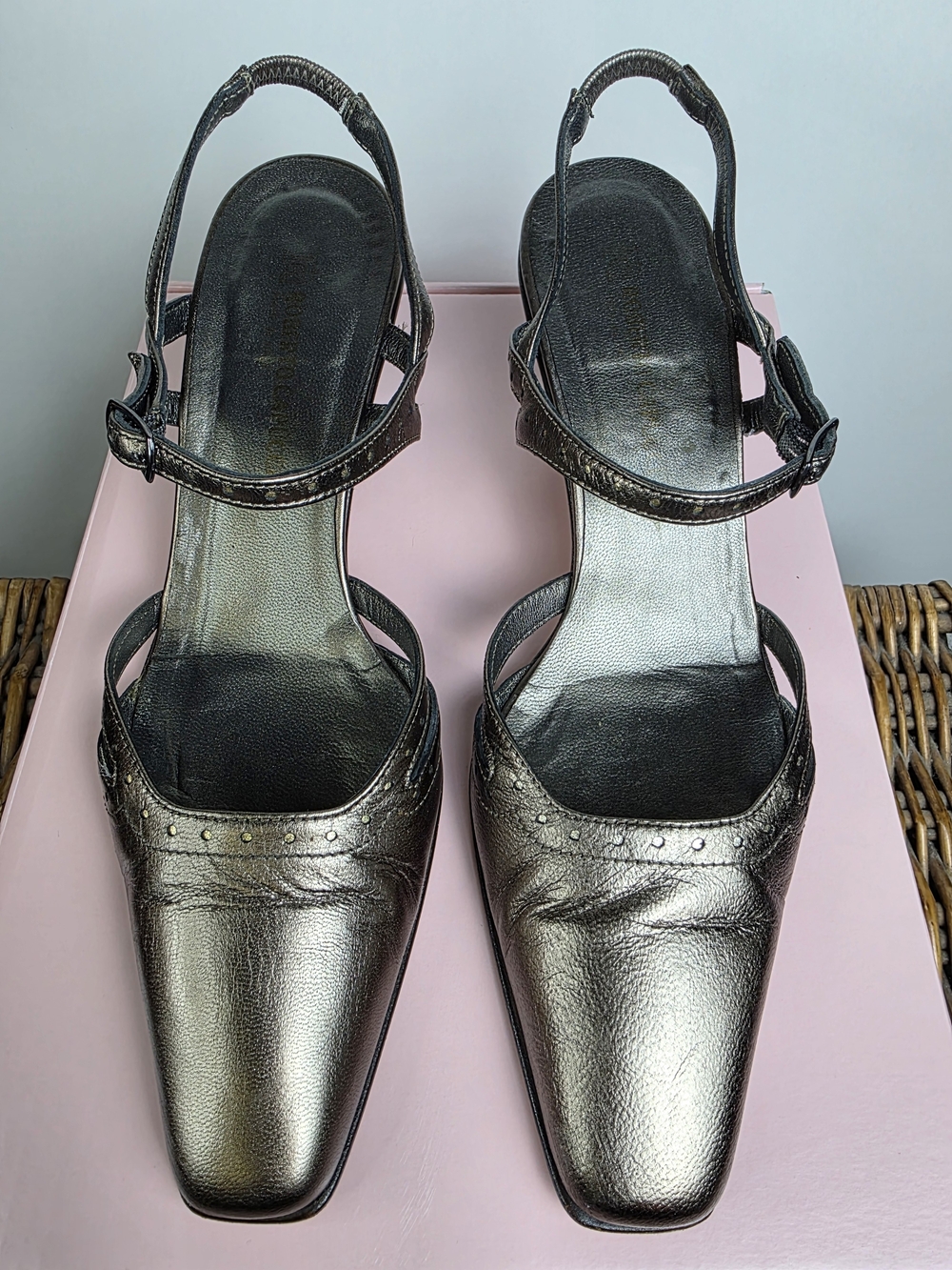 Italian Leather Metallic Pewter Slingback Heels |Size 8 AA Narrow Y2K Square Toe - Picture 2 of 9
